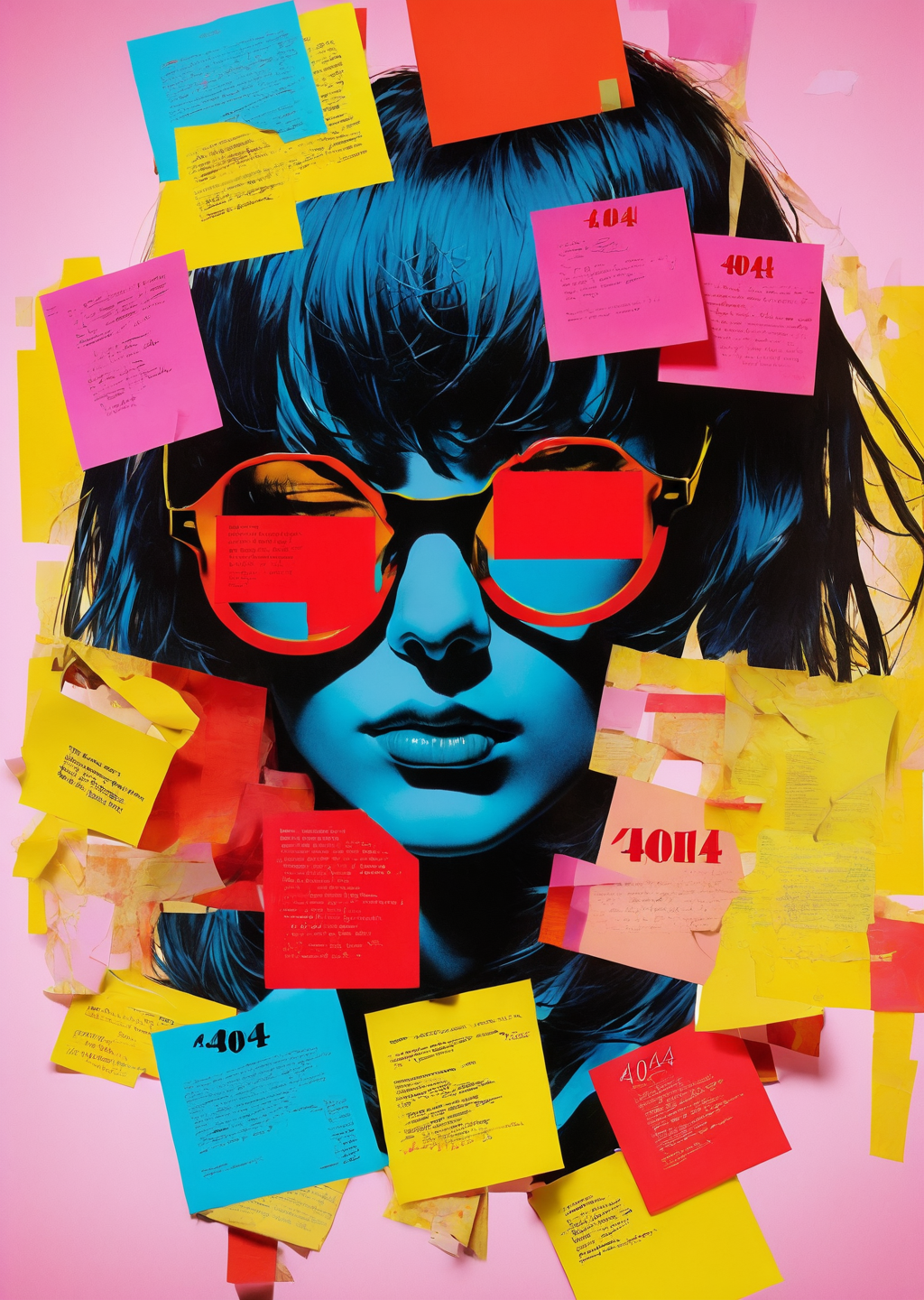 01255-559058786-poster of 1girl, bangs, glasses, _ 3M post it  (with word _404_ written  _ 2 )_ _by Carl Kleiner   Barbara Kruger_abstract, Amer.png